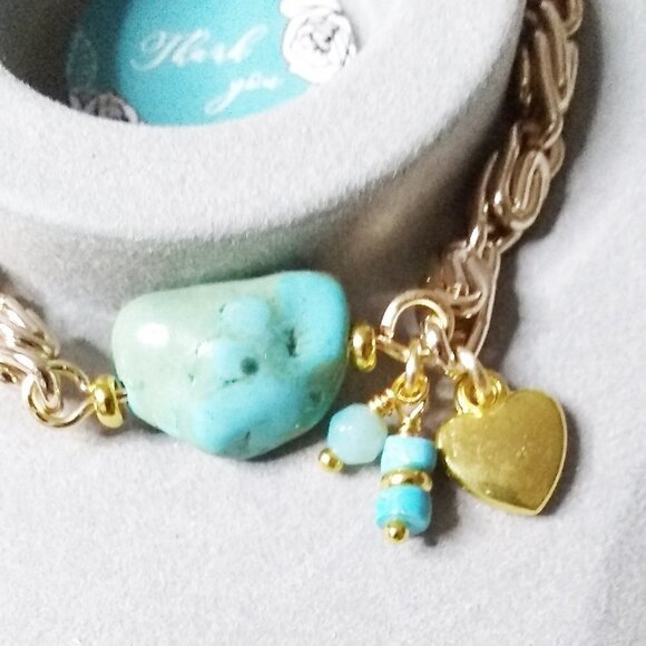 Turquoise Magnesite Fat Gold Chain Heart + Charm Bracelet ~Coastal Cowgirl Vibes - Picture 1 of 8